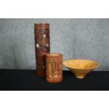 Two carved brush pots and a carved bowl. H.36cm. (largest).