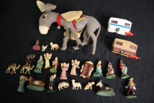 Vintage toys, two caravans, a donkey and Nativity pieces. H.20 W.30cm. (largest).