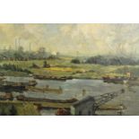 Oil on canvas, mid century German, possibly Rhine barges, unsigned. H.93 W.112cm.