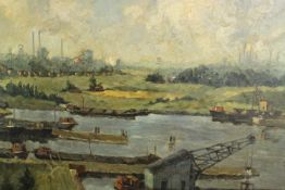Oil on canvas, mid century German, possibly Rhine barges, unsigned. H.93 W.112cm.
