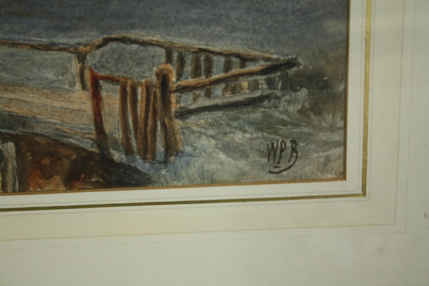 Watercolour, 19th century framed and glazed, figures on a path leading to a church, initialled - Image 3 of 5