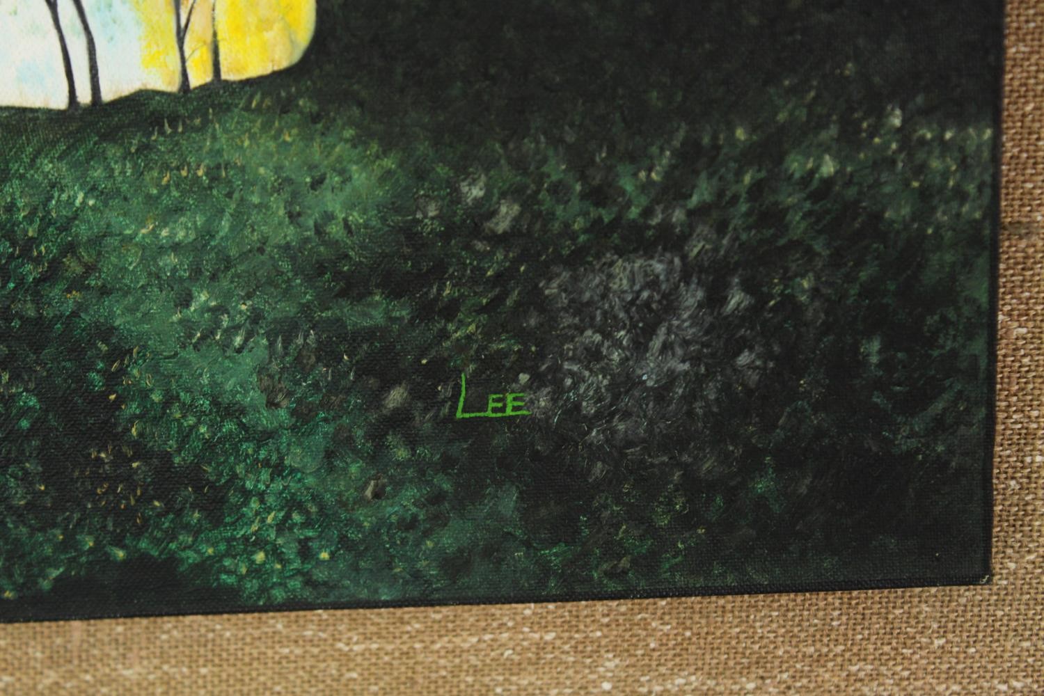 Oil on board. mid century, tree in silhouette to the foreground, signed Lee. H.70 W.80cm. - Image 3 of 4