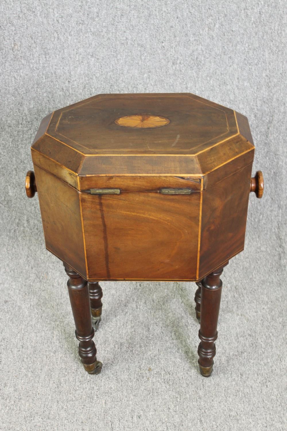 A Georgian mahogany and satinwood inlaid cellarette, fitted interior with lift out zinc liners. H.65 - Image 4 of 8