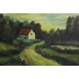 Oil on panel, country cottage in wooded area, signed lower right, framed. H.34 W.40cm.