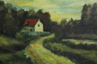 Oil on panel, country cottage in wooded area, signed lower right, framed. H.34 W.40cm.