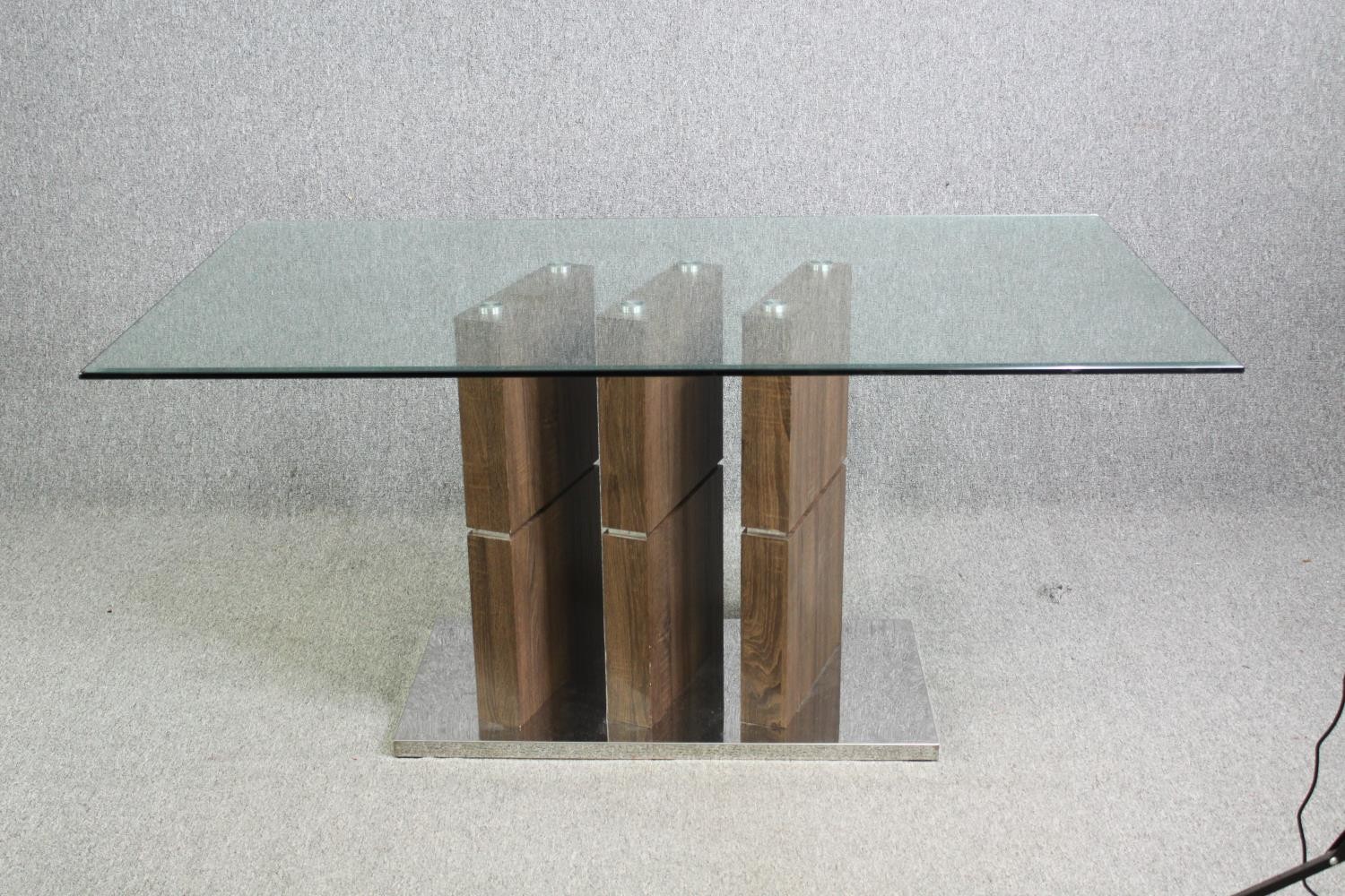 Dining table, contemporary with plate glass top on chrome and hardwood pedestal. H.76 W.160 D.90cm.