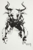 A framed and glazed ink on paper of a bull, indistinctly signed. H.47 W.34cm.