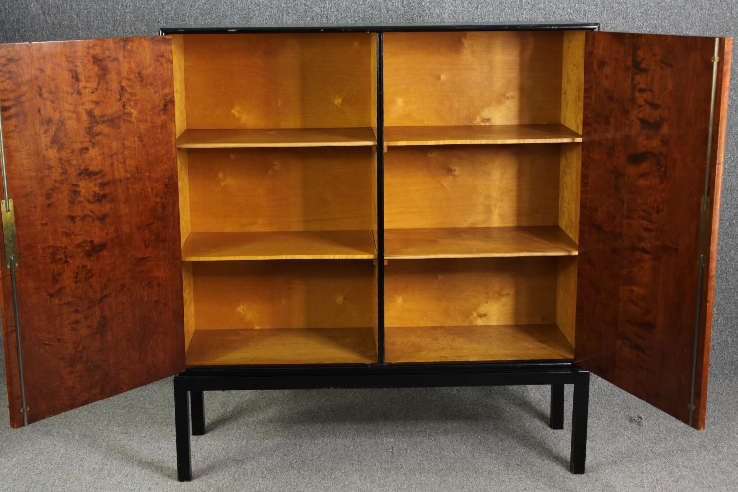 Hall cupboard or linen cabinet on stand, mid century ebonised and section veneered birch. H.139 W. - Image 4 of 6
