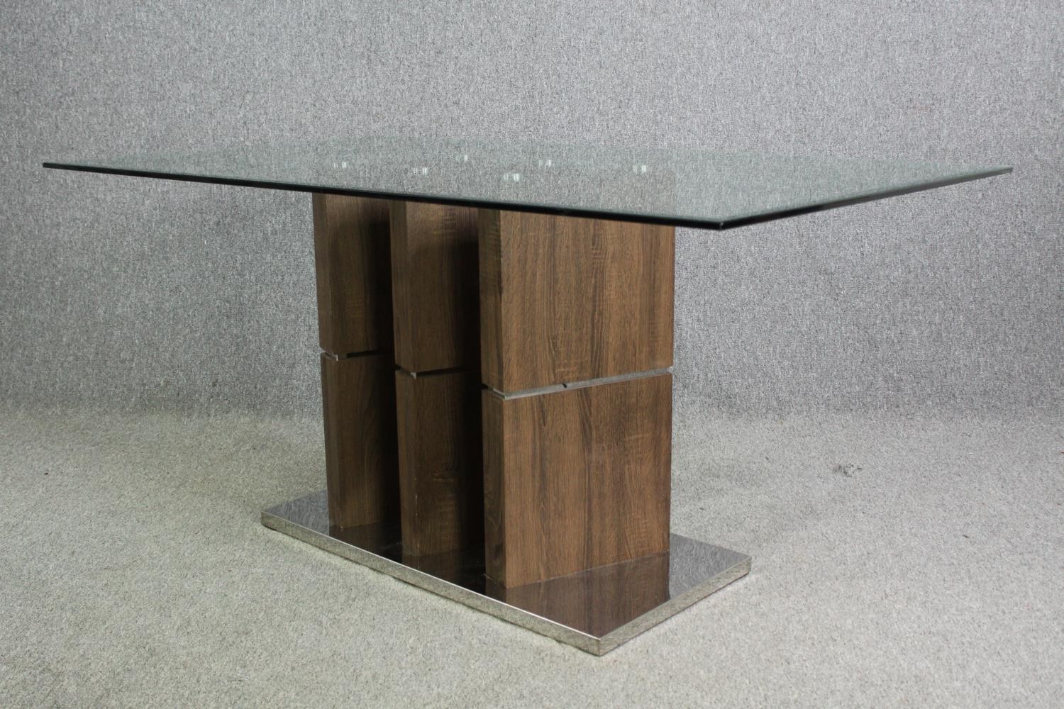 Dining table, contemporary with plate glass top on chrome and hardwood pedestal. H.76 W.160 D.90cm. - Image 10 of 12
