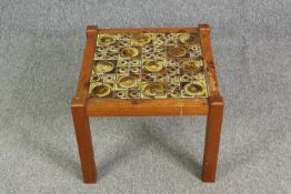 A mid century vintage teak small coffee table with ceramic tile set top. H.38 W.49 D.49cm.