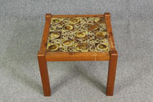 A mid century vintage teak small coffee table with ceramic tile set top. H.38 W.49 D.49cm.