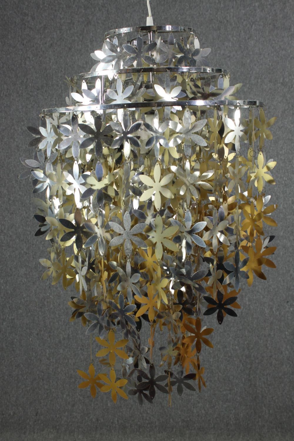 A contemporary gold and silver sheet metal flower waterfall ceiling lamp. H.72 Dia.60cm. - Image 3 of 5