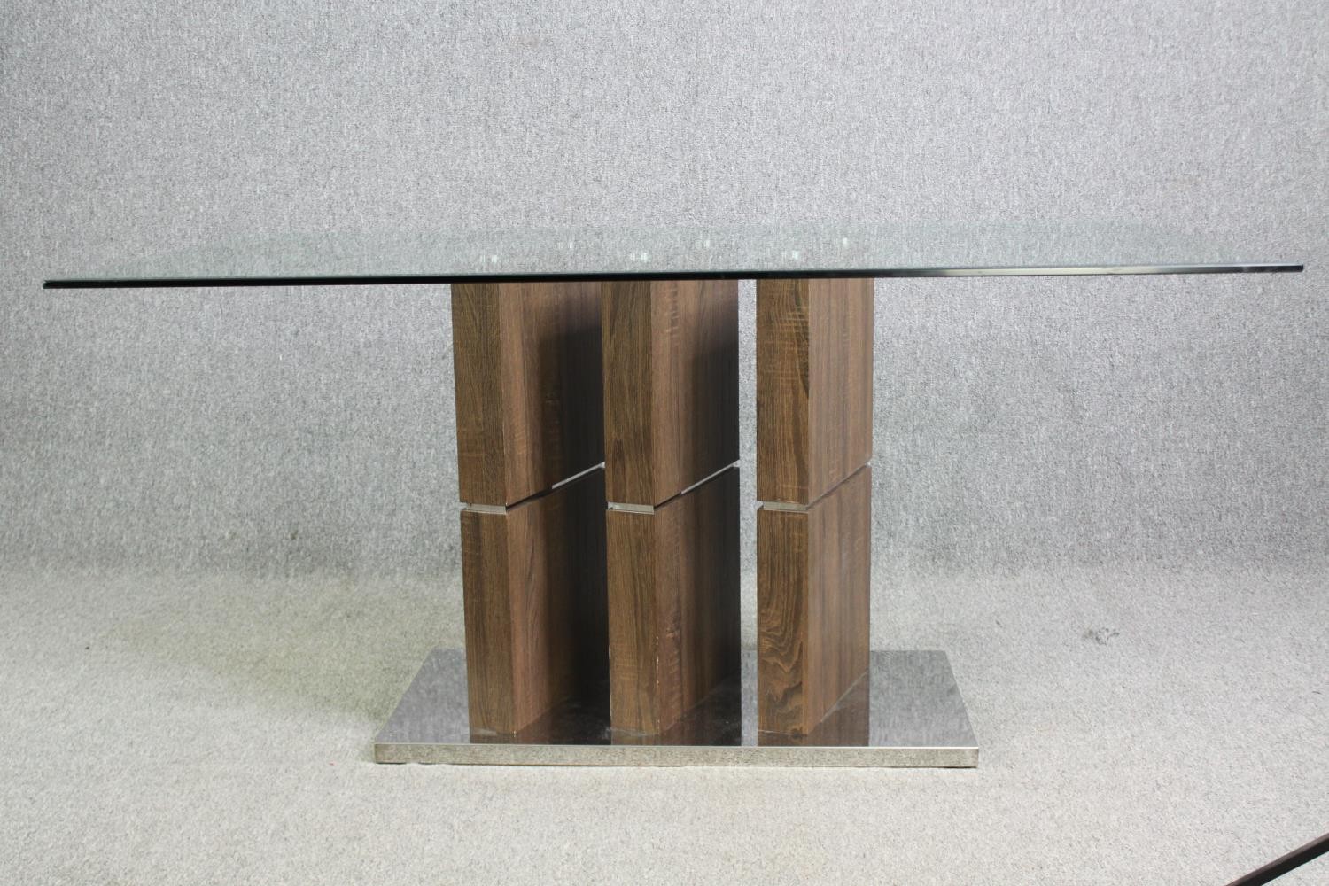 Dining table, contemporary with plate glass top on chrome and hardwood pedestal. H.76 W.160 D.90cm. - Image 3 of 12