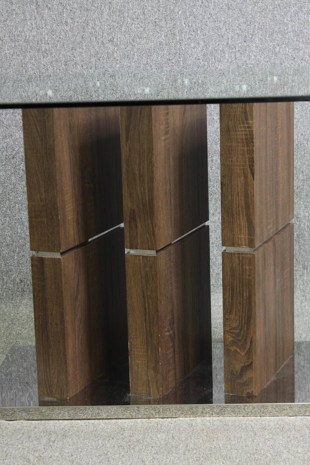 Dining table, contemporary with plate glass top on chrome and hardwood pedestal. H.76 W.160 D.90cm. - Image 4 of 12