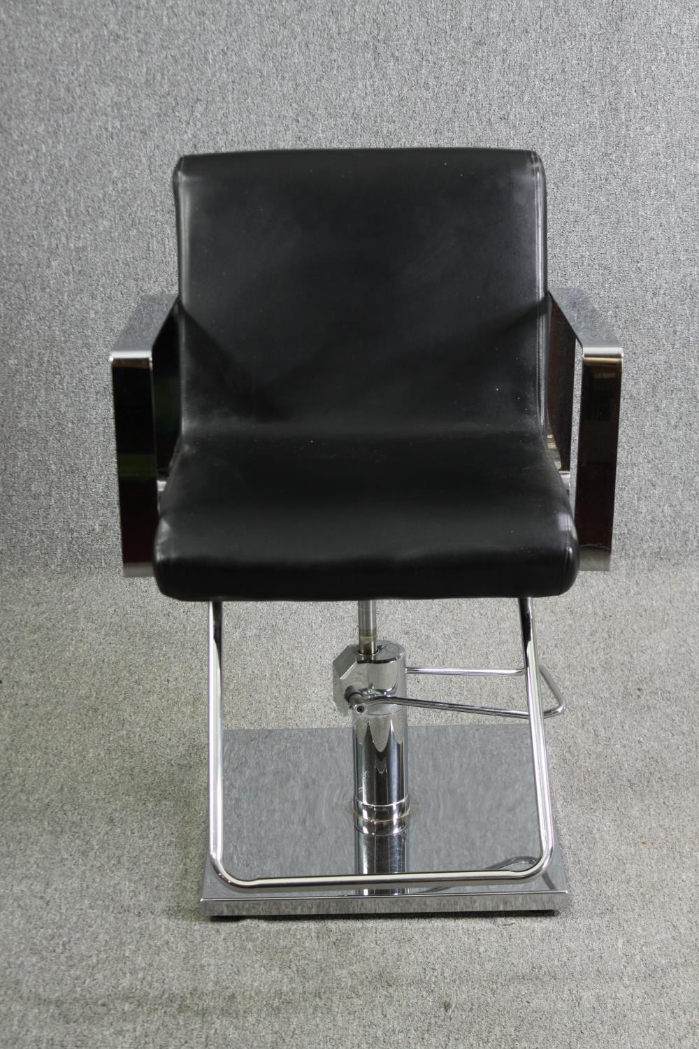 A pair of adjustable chrome barber's chairs in faux leather upholstery. - Image 2 of 6