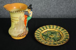 A vintage Burleighware jug and a Majolica plate. H.20cm. (largest).