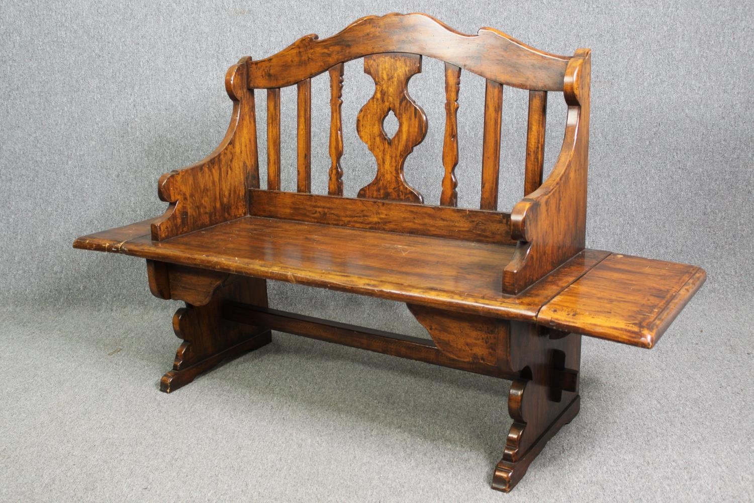 A Continental walnut bench with (unusual) drop flaps to each end. H.105 W.107 D.51cm. - Image 6 of 7