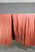 Two pairs of fully lined rust coloured curtains with gold diamond pattern. L.240 W.350cm. (each).