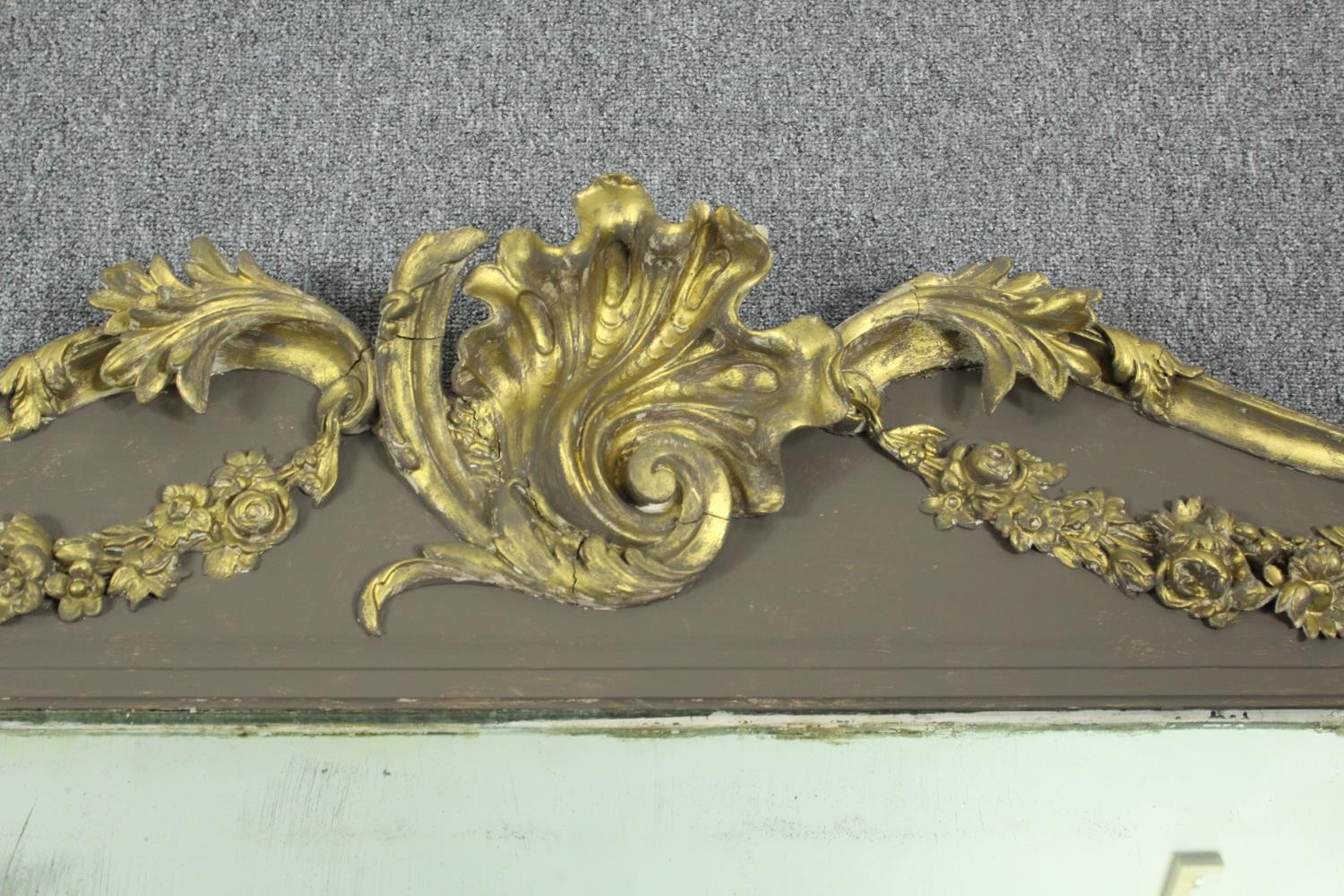 Overmantel mirror, 19th century carved and painted with Rococo gilt gesso decoration. H.178 W.211cm. - Image 3 of 6