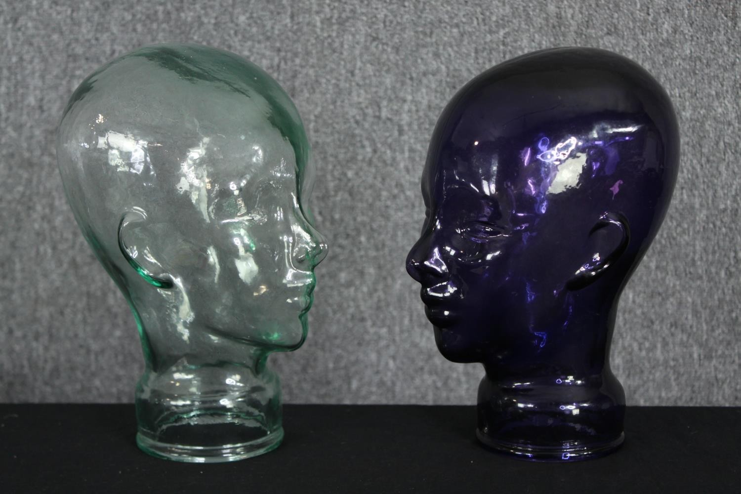 Two 20th century glass milliners mannequin pressed glass heads having moulded features, one dark - Image 2 of 5