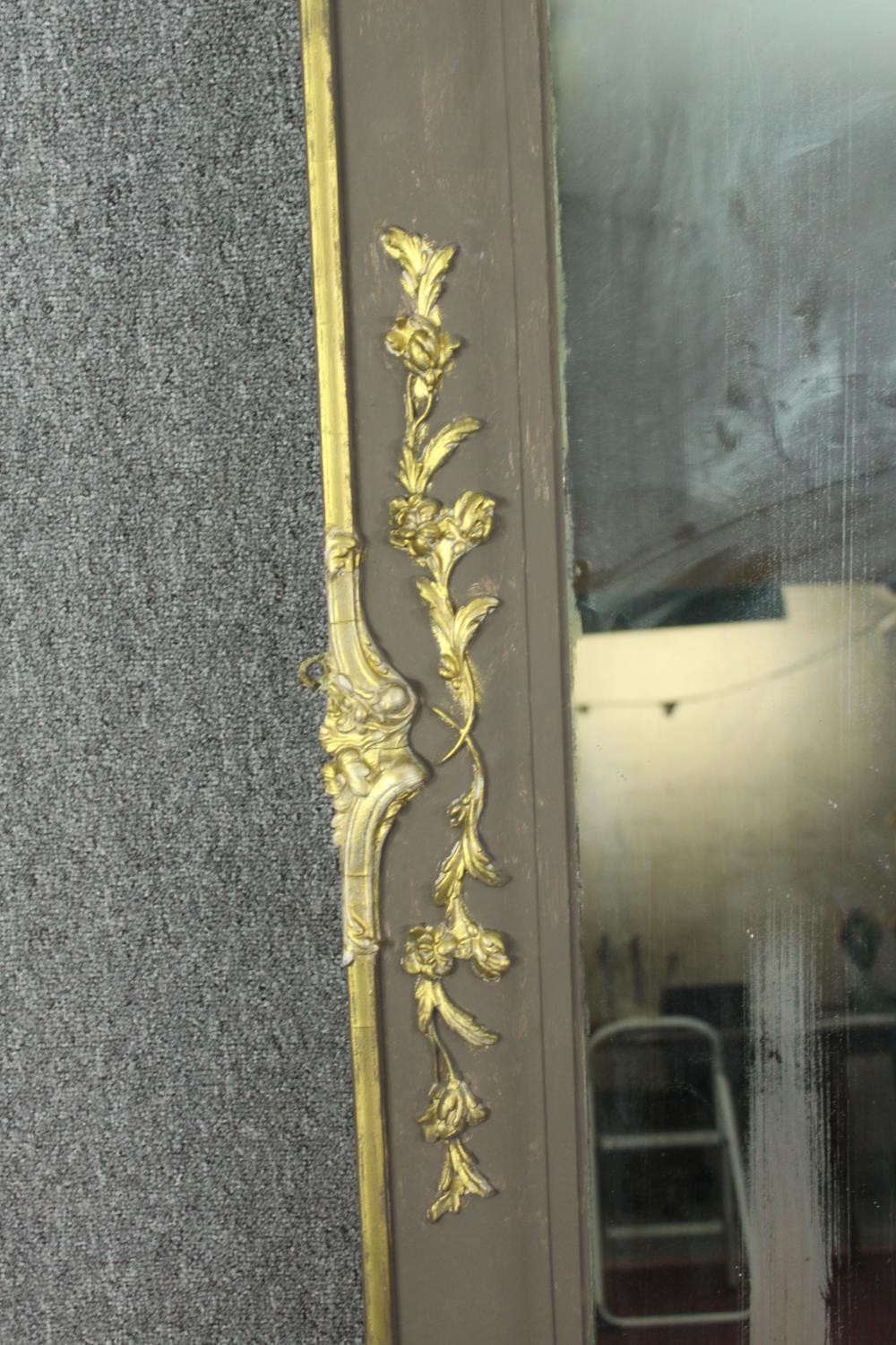 Overmantel mirror, 19th century carved and painted with Rococo gilt gesso decoration. H.178 W.211cm. - Image 4 of 6