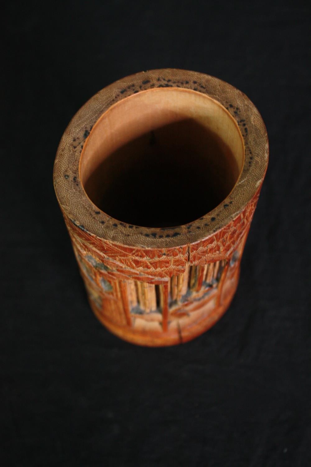 Two carved brush pots and a carved bowl. H.36cm. (largest). - Image 7 of 11