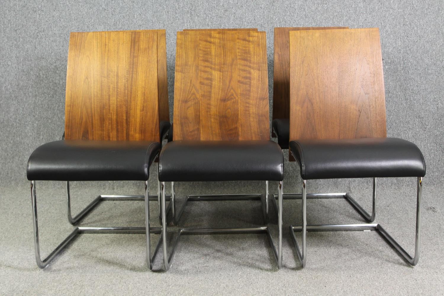 Dining chairs, a set of six, contemporary, chrome and leather upholstered. - Image 7 of 7