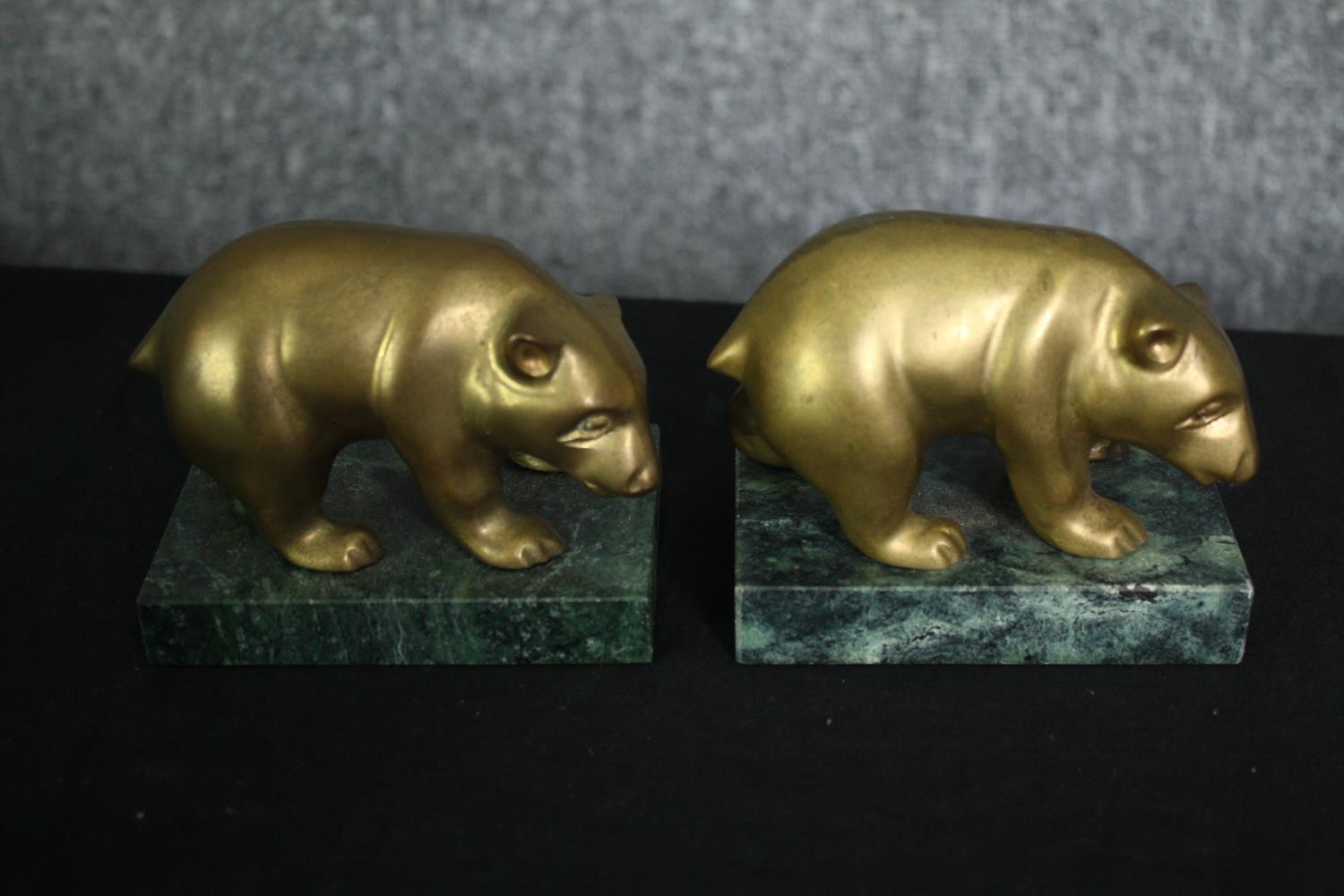 A pair of bronze Foo dogs, ceramic Foo dog bookends and a pair of gilt metal bears on marble - Image 2 of 9