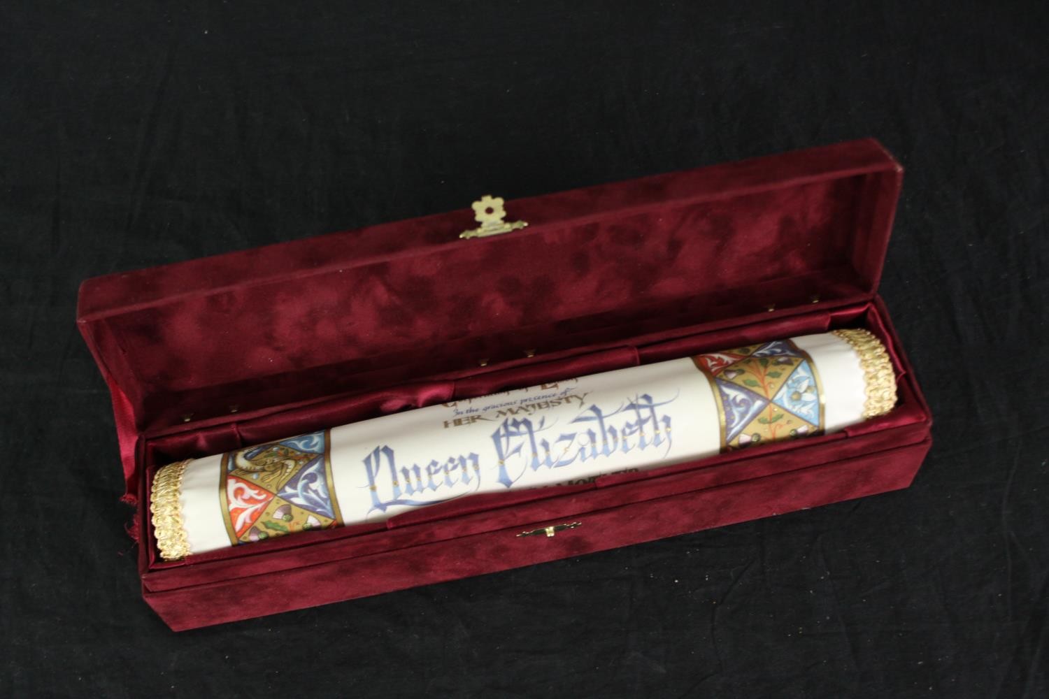 A boxed luncheon menu scroll to celebrate the centennial of The Queen Mother in 2000. H.39 W.29cm. - Image 4 of 5