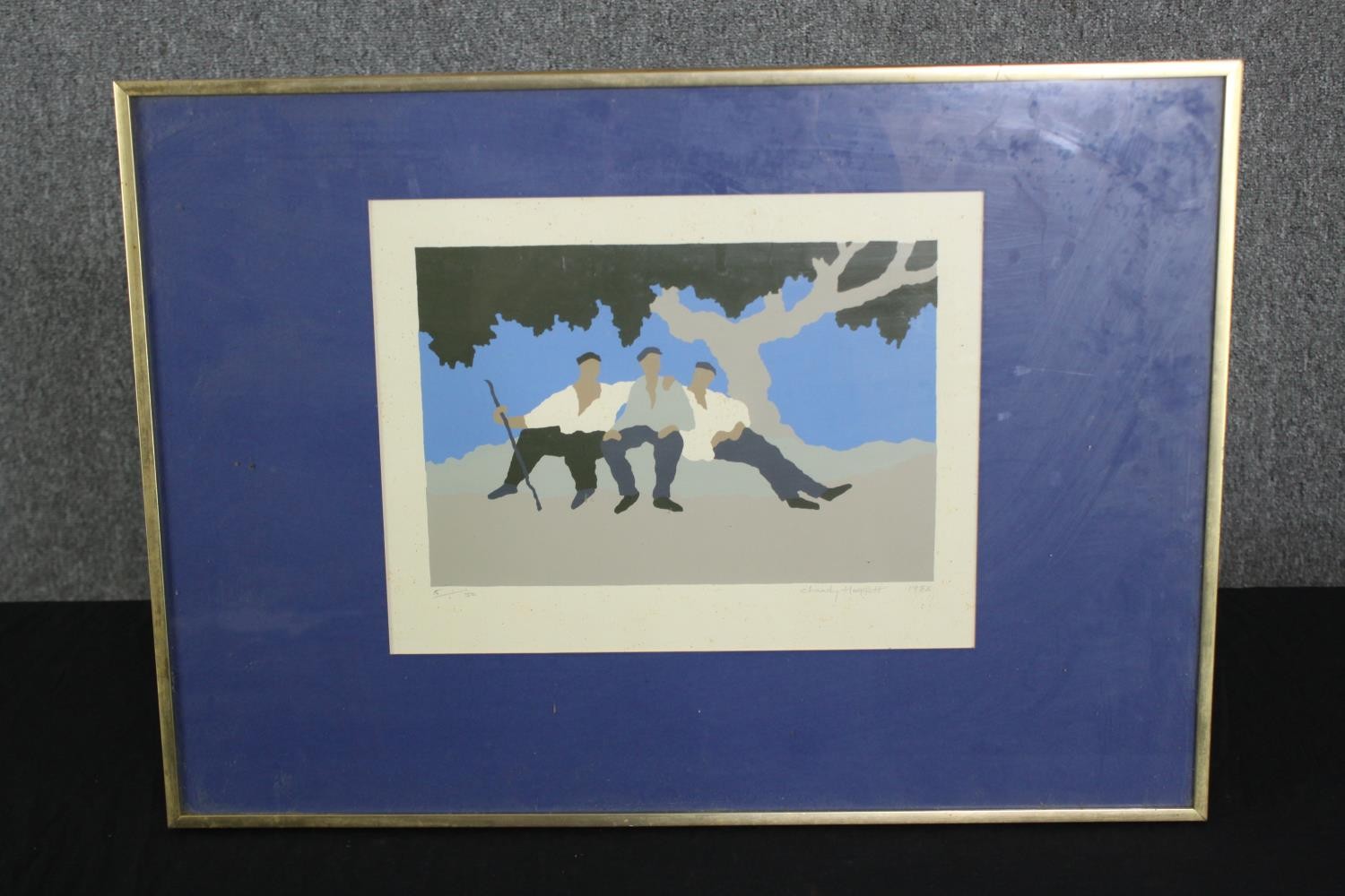 A framed and glazed limited edition lithograph, three men seated on a bench, signed and numbered, - Image 2 of 5