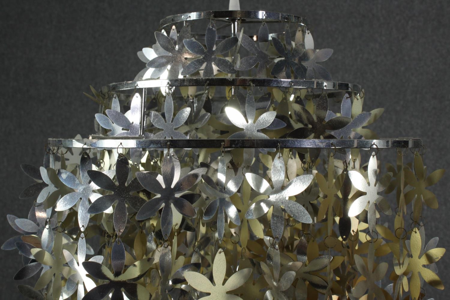 A contemporary gold and silver sheet metal flower waterfall ceiling lamp. H.72 Dia.60cm. - Image 5 of 5