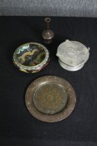 A collection of metal ware, a french 19th century pewter lidded vessel with spout, a Japanese