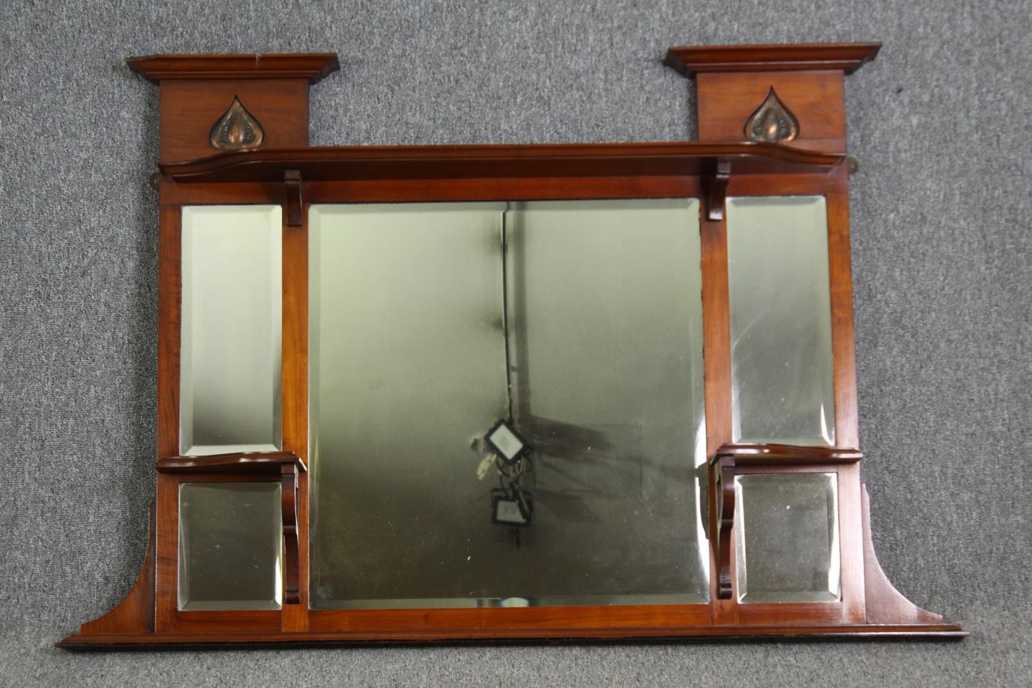 Overmantel mirror, late 19th century walnut with Art Nouveau copper inset motifs. H.84 W.122cm. - Image 6 of 7