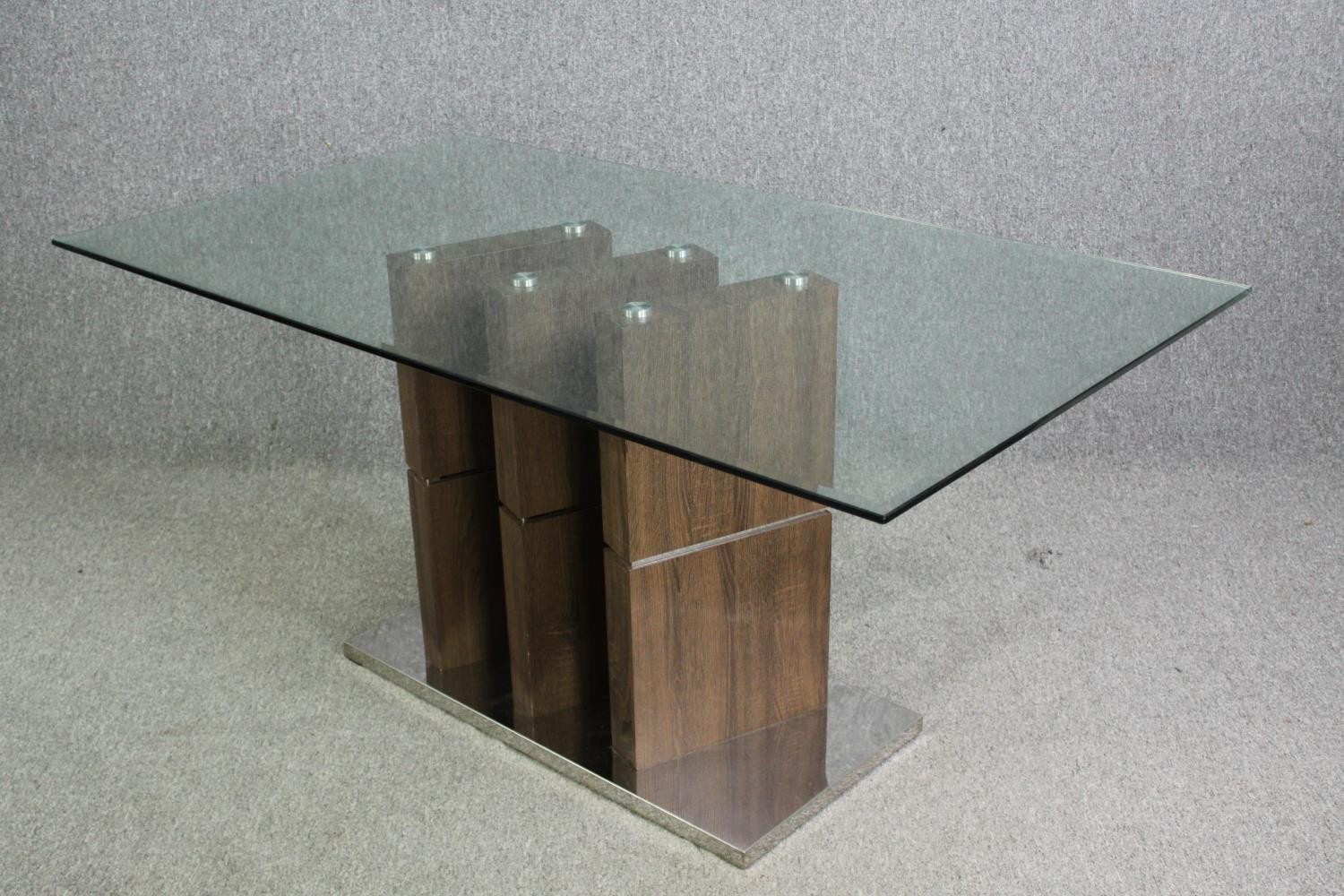 Dining table, contemporary with plate glass top on chrome and hardwood pedestal. H.76 W.160 D.90cm. - Image 9 of 12