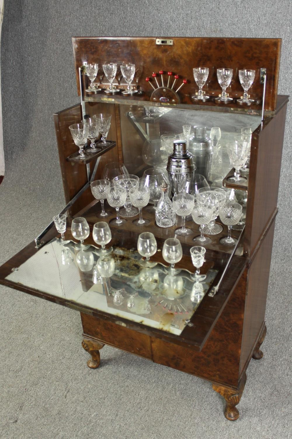 An Art Deco burr walnut cocktail cabinet, circa 1930, enclosing various cut drinking glasses and a - Image 5 of 12