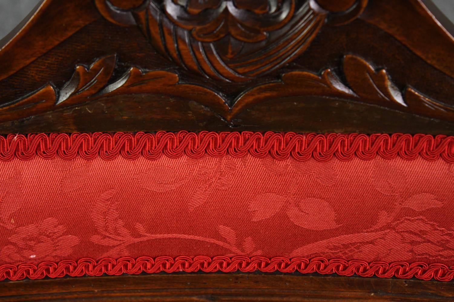 A set of four late Victorian walnut salon chairs in red damask upholstery - Image 6 of 6