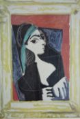 After Picasso, lithograph, Portrait Jaqueline. Framed and glazed. H.72 W.58cm.
