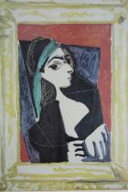 After Picasso, lithograph, Portrait Jaqueline. Framed and glazed. H.72 W.58cm.