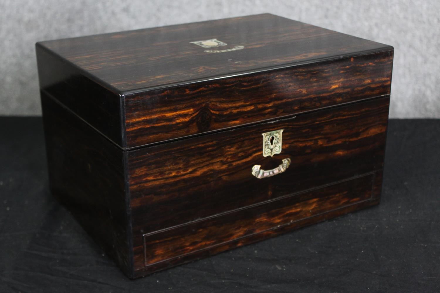A Victorian coromandel travelling vanity box, with associated silver and glass fitted interior, H.18 - Image 4 of 15