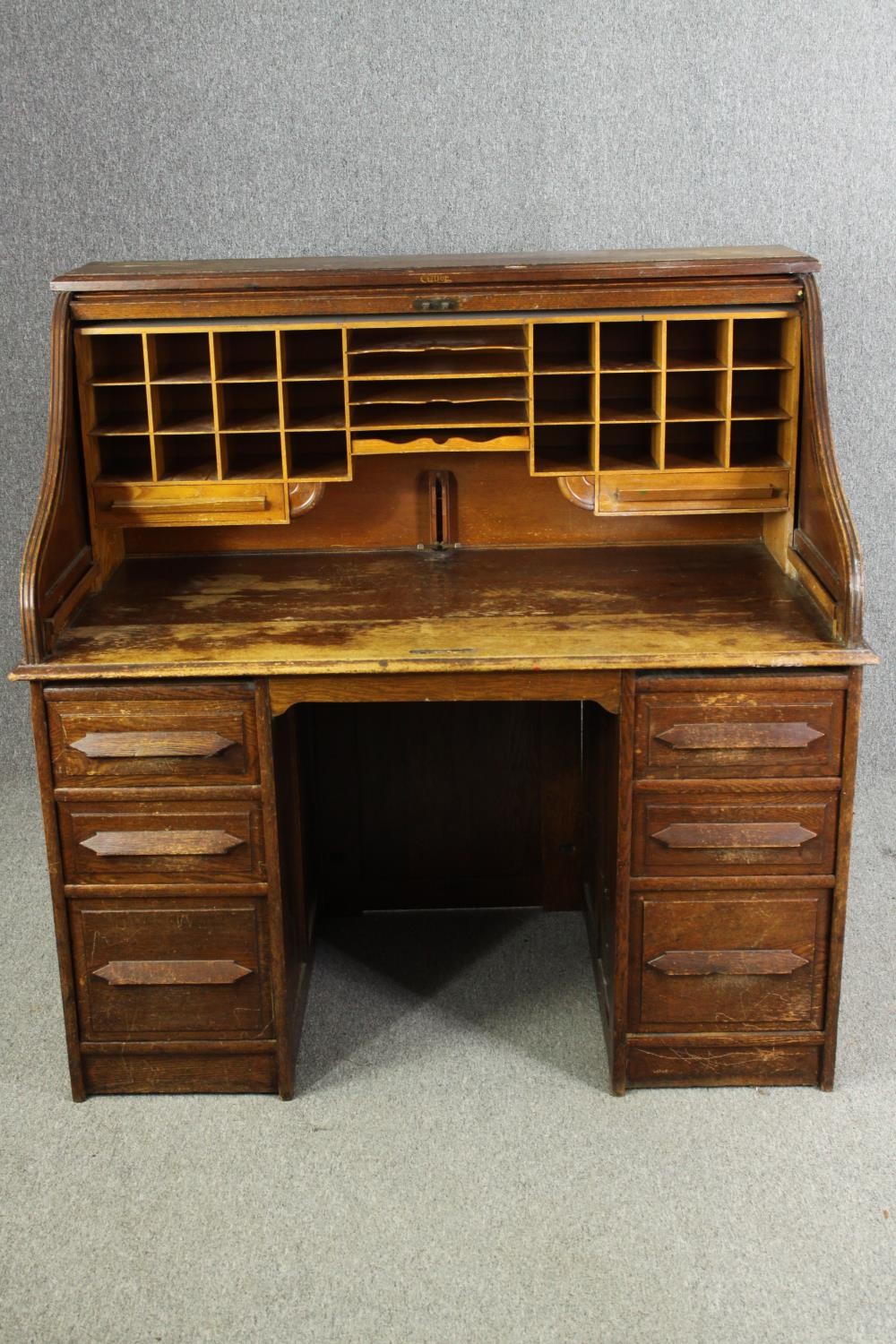 An oak roll top tambour fronted desk, early 20th century with maker's mark. H.128 W.126 D.76cm. - Image 5 of 8