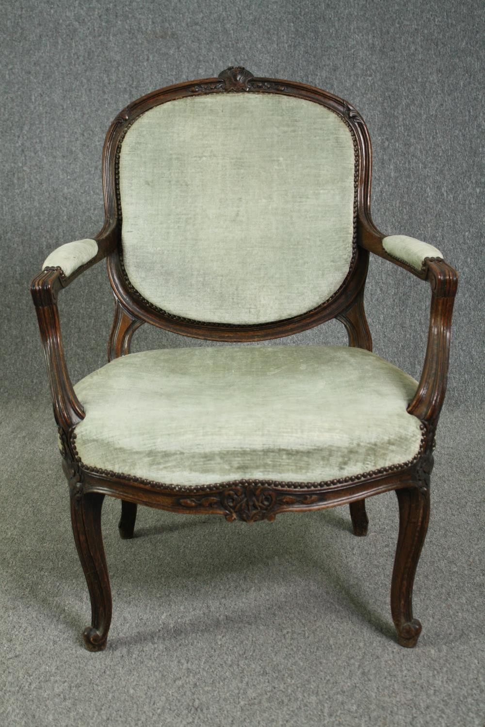 Armchairs, a pair, 19th century carved mahogany fauteuil on cabriole supports. - Image 3 of 12