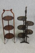 Two folding cakestands, one in oak, the other Chinoiserie lacquered, H.89cm. (each).