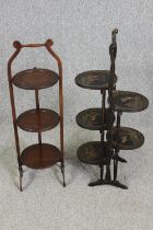 Two folding cakestands, one in oak, the other Chinoiserie lacquered, H.89cm. (each).