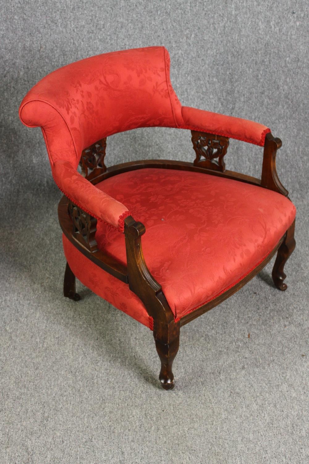 A pair of late Victorian walnut salon tub chairs, in red damask upholstery, H.74cm. (each). - Image 3 of 6