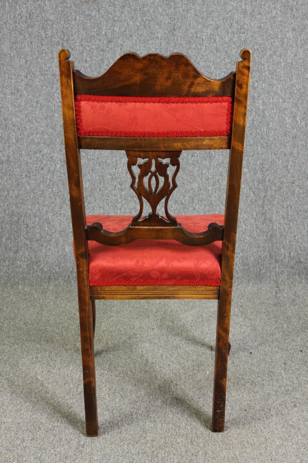 A set of four late Victorian walnut salon chairs in red damask upholstery - Image 5 of 6