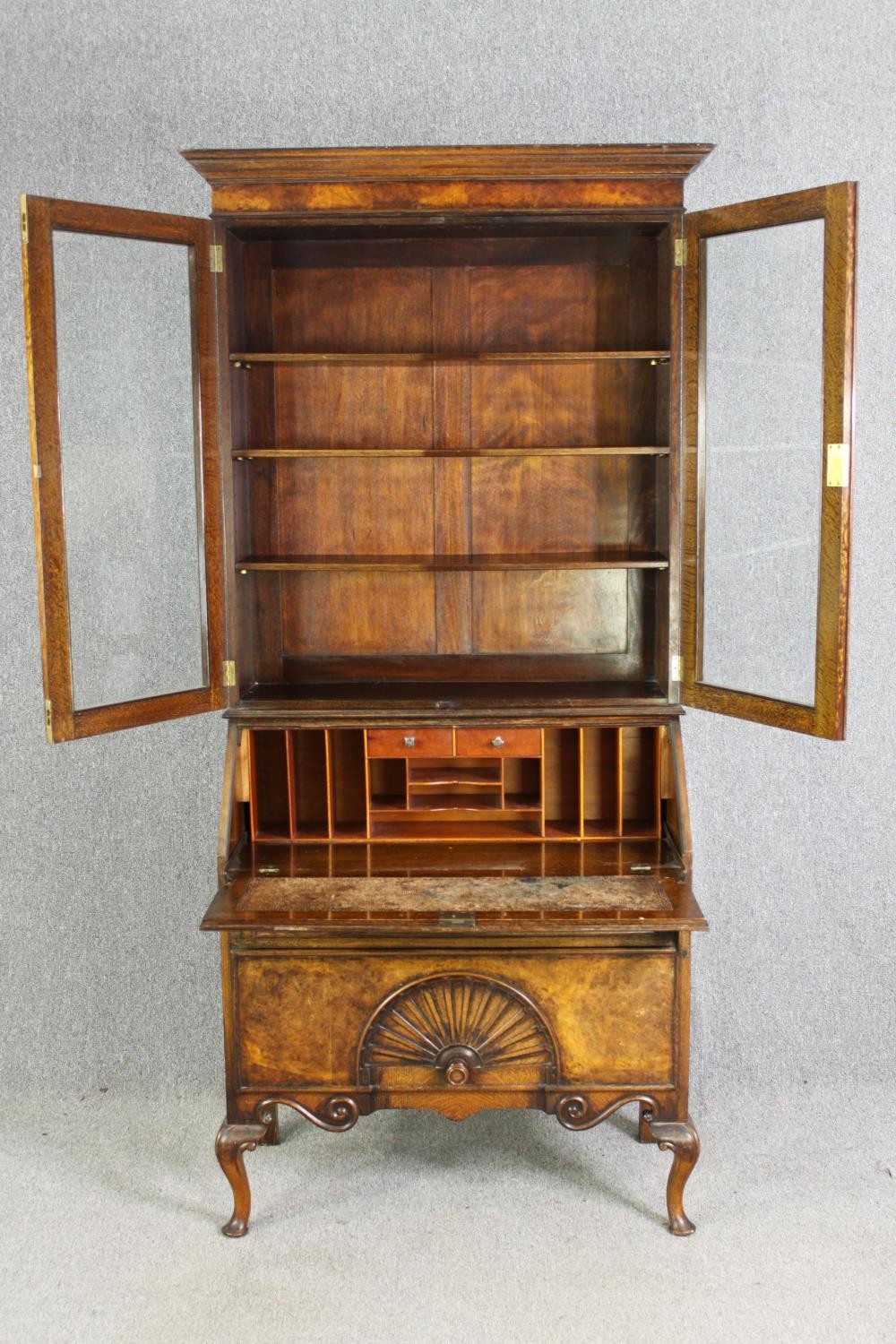 A Queen Anne style walnut and oak bureau bookcase, first quarter 20th century. H.214 W.92 D.50cm. - Image 5 of 12