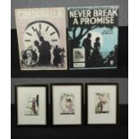 A set of three framed and glazed etchings along with two framed vintage sheet music covers. H.28 W.
