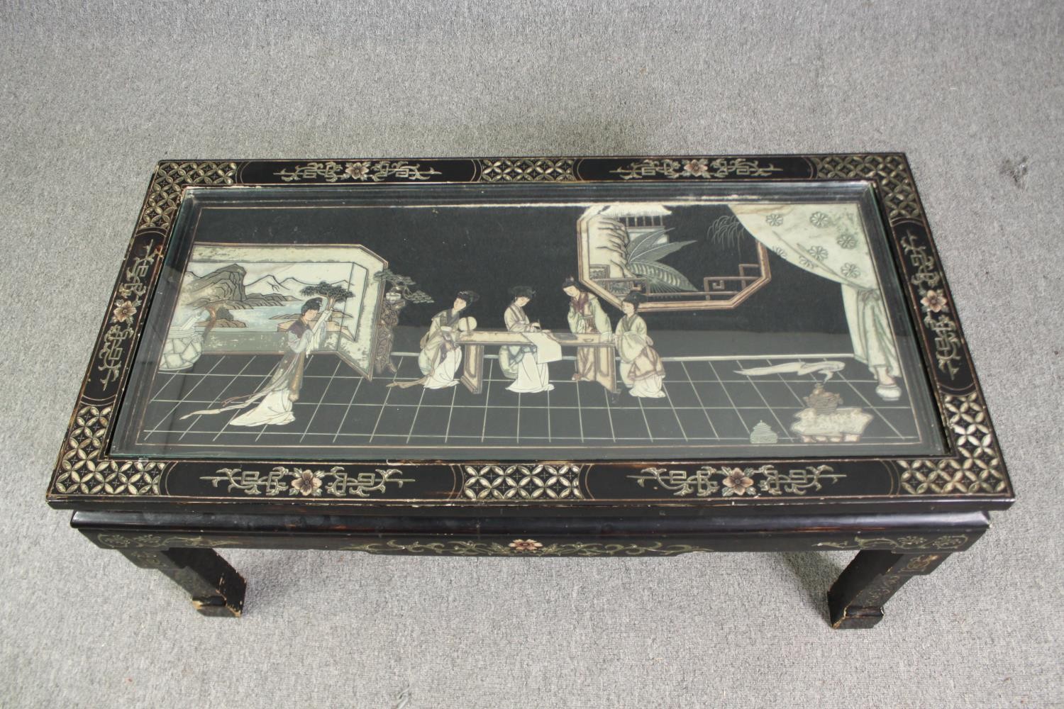 A 1920's Chinese style simulated lacquer and inlaid coffee table, H.46 W.102 D.51cm. - Image 2 of 12