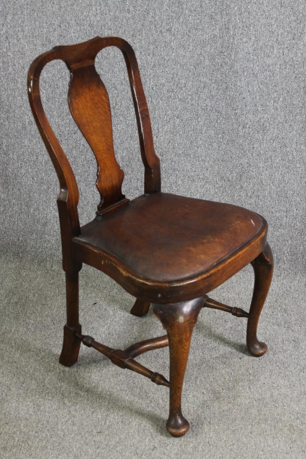 A set of four early 20th century oak George I style dining chairs with leather seats. (One stretcher - Image 4 of 7