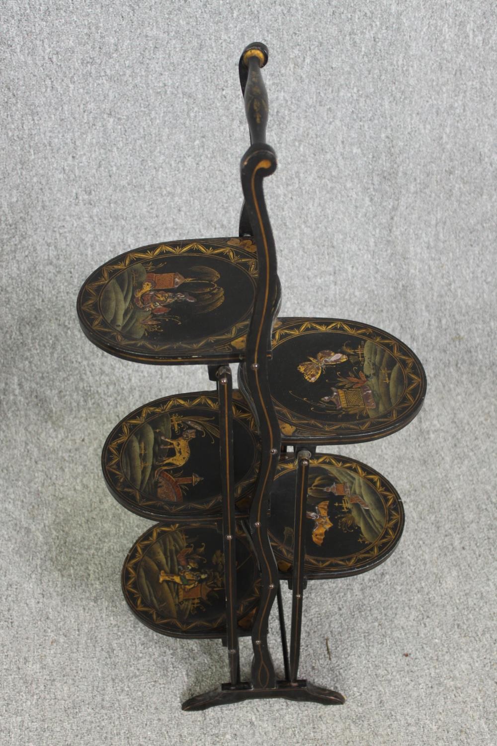 Two folding cakestands, one in oak, the other Chinoiserie lacquered, H.89cm. (each). - Image 5 of 11